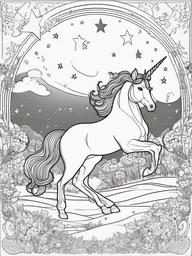 Unicorn in a Dreamland Coloring Pages - Fantasy Scene with Stars and Moons  minimal black outline printable sheet, coloring page