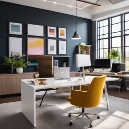 Contemporary Office - Contemporary office with clean lines and pops of color. realistic, professional photography, bokeh, natural lighting, canon lens, shot on dslr 64 megapixels sharp focus