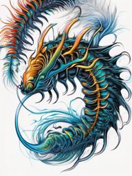 Fluidity in centipede movement tattoo: Dynamic energy captured in ink.  color tattoo style, white background