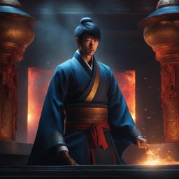hitori no shita,chulan zhang,unleashing his supernatural powers to vanquish evil spirits,a dimly lit underground temple hyperrealistic, intricately detailed, color depth,splash art, concept art, mid shot, sharp focus, dramatic, 2/3 face angle, side light, colorful background