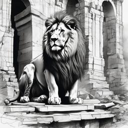 drawing of a lion in ruins  minimal rough sketch scribbles,doodles,black and white