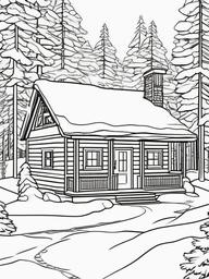 Winter Cabin Coloring Pages - Cozy Cabins in Snowy Forest Settings  minimal black outline printable sheet, coloring page