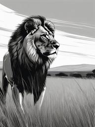 drawing of a lion in grassland  minimal rough sketch scribbles,doodles,black and white