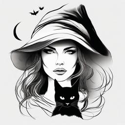 drawing of a witch with a black cat  minimal rough sketch scribbles,doodles,black and white