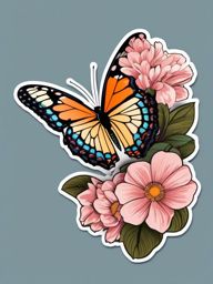 Butterfly and Blossoms Sticker - Butterfly near blooming flowers, ,vector color sticker art,minimal