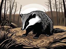 Badger Cartoon - Cartoon of badger digging at dusk  