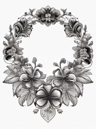Clover wreath design: Nature's elegance framing the emblem of good fortune.  black white tattoo, white background