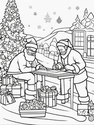 Santa and Elves Making Toys Coloring Pages - Hard at Work in the North Pole  minimal black outline printable sheet, coloring page