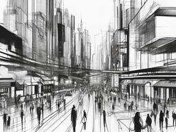 drawing of a city with people  minimal rough sketch scribbles,doodles,black and white