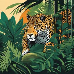 Jaguar Clip Art - A powerful jaguar lurking in the jungle,  color vector clipart, minimal style