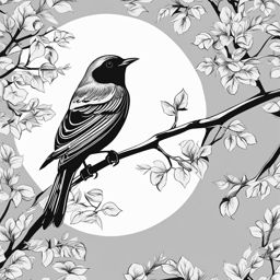bird clipart black and white in a tall tree - perched and singing. 
