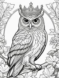 Owl Coloring Pages - Owl with a crown in a fairy tale setting  simple coloring pages