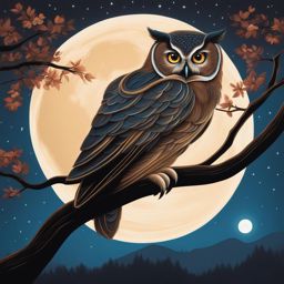 paint a serene night scene with a wise owl perched on a moonlit branch. 