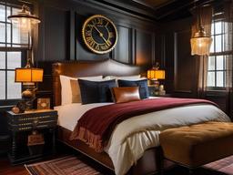 In the guest bedroom, steampunk interior design offers an adventurous atmosphere with eclectic furnishings, vintage accents, and industrial details that ensure a memorable stay for visitors.  