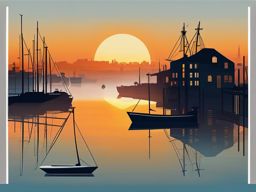 Foggy harbor at sunrise sticker- Maritime beauty, , sticker vector art, minimalist design