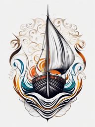 Abstract boat swirls tattoo. Spiraling voyage on the waves.  color tattoo, white background