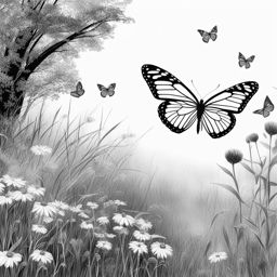 butterfly clipart black and white in a tranquil meadow - showcasing graceful flight. 