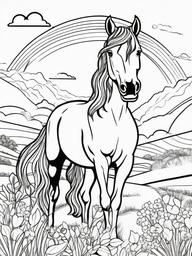 Horse and Rainbow Coloring Pages - Colorful Scene with a Happy Horse  minimal black outline printable sheet, coloring page