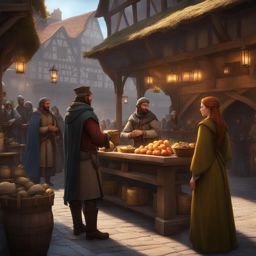 holo negotiates a trade deal with a shrewd merchant in a medieval market square. 