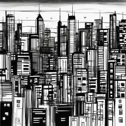 drawing of cityscape  minimal rough scribbles,doodles,black and white