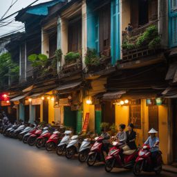 vietnamese tube houses, with narrow facades, populate the bustling streets of hanoi, vietnam. 