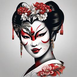 Geisha Hannya Mask Tattoo - Unique combination of the Hannya mask and the elegance of a Geisha in tattoo art.  simple color tattoo,white background,minimal