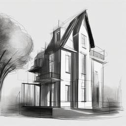 drawing of a whimsical building  minimal rough sketch scribbles,doodles,black and white