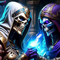 mummy vs lich - undead titans clash in an ancient tomb, curses and necromantic spells colliding. 