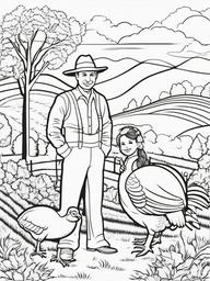 Turkey and Farmer Coloring Pages - Classic Thanksgiving Scene with Farmer and Turkey  minimal black outline printable sheet, coloring page