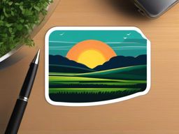 Sunrise over fields sticker- Rural tranquility, , sticker vector art, minimalist design