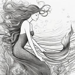 drawing of a mermaid under the sea  minimal rough sketch scribbles,doodles,black and white