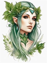 Fairy Tattoo: Leafy Canopy Elf  simple color tattoo style,white background