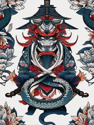snake samurai tattoo  simple color tattoo,white background,minimal