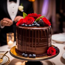 decadent chocolate cake with layers of ganache, served at an elegant wedding banquet. 