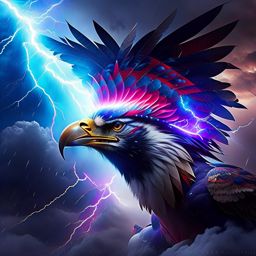 thunderbird, the mighty avian deity, unleashing lightning bolts from a stormy sky. 