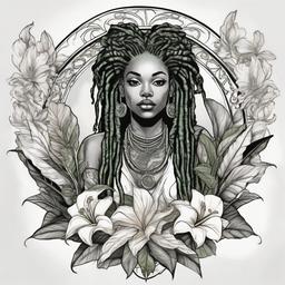 Oshun with dreadlocks holding peace lily and mirror   ,tattoo design, white background