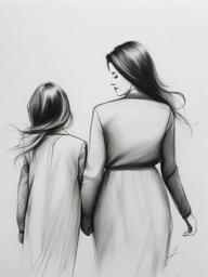 pencil drawing of mother and daughter  minimal rough sketch scribbles,doodles,black and white