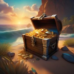 Depths of forgotten pirate treasure chest, hidden on remote desert island, lay riches untold, waiting for daring adventurer to uncover their secrets. hyperrealistic, intricately detailed, color depth,splash art, concept art, mid shot, sharp focus, dramatic, 2/3 face angle, side light, colorful background