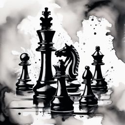 Chess pieces in watercolor ink: Fluid expression capturing the dynamic nature of the game.  black white tattoo, white background