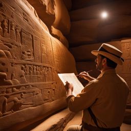 adventurous archaeologist deciphering ancient hieroglyphics in an 