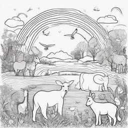 drawing of a rainbow with animals  minimal rough sketch scribbles,doodles,black and white