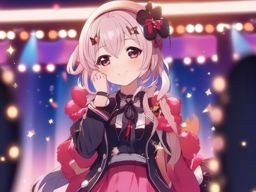 Kawaii anime idol performing on stage.  front facing ,centered portrait shot, cute anime color style, pfp, full face visible