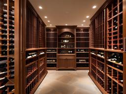 In the wine cellar, Hampton interior design features natural wood racks, bright lighting, and a coastal theme that creates a unique space for wine enthusiasts to enjoy.  