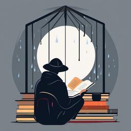 Reading clipart - person reading on a rainy day  color,minimalist,vector clipart