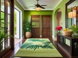 Tropical entryway includes bright colors, bamboo accents, and lush greenery that bring a refreshing feel to the entry space.  