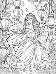 Fairy with Floating Lanterns Coloring Pages - Fairy Surrounded by Glowing Floating Lanterns  minimal black outline printable sheet, coloring page