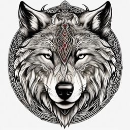 Viking Tattoo Wolf,Viking-themed wolf tattoo, embodying the fearless and intrepid Viking spirit. , color tattoo design, white clean background