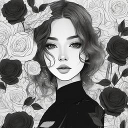 drawing of Wednesday surrounded by dark roses  minimal rough sketch scribbles,doodles,black and white