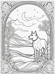 Dog and Moon Coloring Pages - Mystical Scene of a Dog and Moon  minimal black outline printable sheet, coloring page