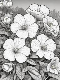 Primrose coloring page sheet - Primroses blooming in the early morning dew of a garden.  black outline printable coloring page